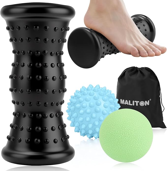 Foot Massager Roller & Massage Lacrosse Ball & Spiky Ball, 3-in-1 Therapy Set for Plantar Fasciitis Relief —Heel Spur, Arch Pain—Back/Neck/Shoulder Trigger Point & Deep Tissue Massage