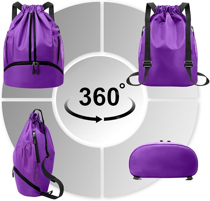 Hoedia Sports Drawstring Backpack - String Swim Gym Bag with Shoes Compartment and Wet Proof Pocket for Women and Men