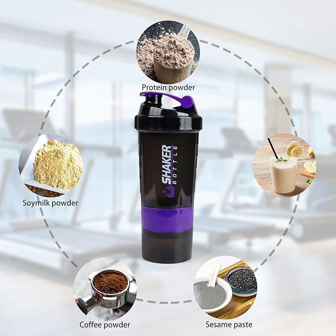 Shaker Bottle - Protein Shaker Cup with Storage Compartments - Leak-proof Workout Shake Bottles with Mixer for Smooth Mixing-500ML/16oz (PURPLE & BLACK)