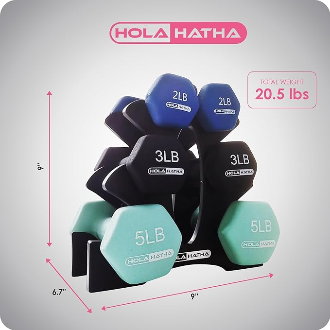 HolaHatha 2, 3, 5, 8, and 10 Pound Neoprene Dumbbell Free Hand Weight Set with Rack, Ideal for Home Exercises to Gain Tone and Definition, Pastel
