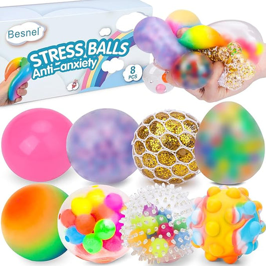 Stress Balls Set, Squishy Stress Ball, 8 Pack Stress Relief Ball for Adults, Squeeze Ball for Anxiety and Stress Relief