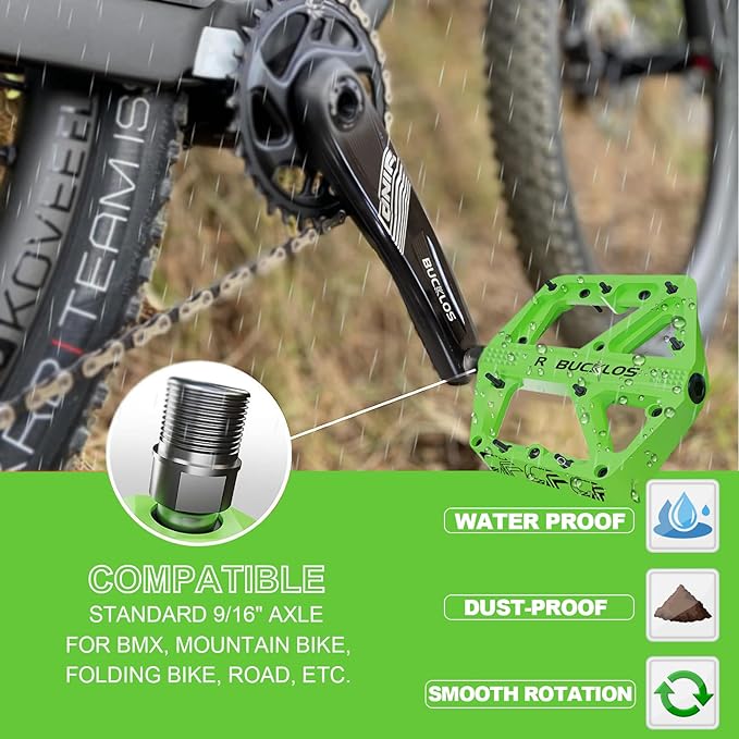 BUCKLOS Mountain Bike Pedals MTB Pedals Flat, Adult Bicycle Road Bike Large Platform Nylon Non-Slip Pedal for Gravel Bike/Hybrid Bike 9/16"