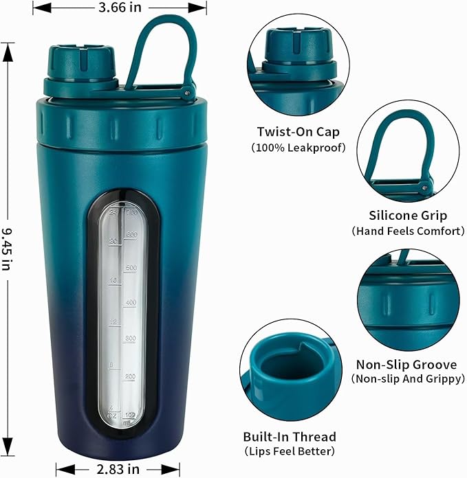 TOOFEEL Stainless Steel Shaker - 28 oz Metal Protein Shaker Cup with Whisk Ball, Not Cold/Hot, Window, Gym Workout Leakproof