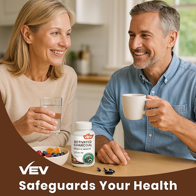 VEV Activated Charcoal with Organic Coconut Shell Charcoal & 50 Billion Probiotics – 120 Vegan Capsules for Digestive Wellness & Dietary Support