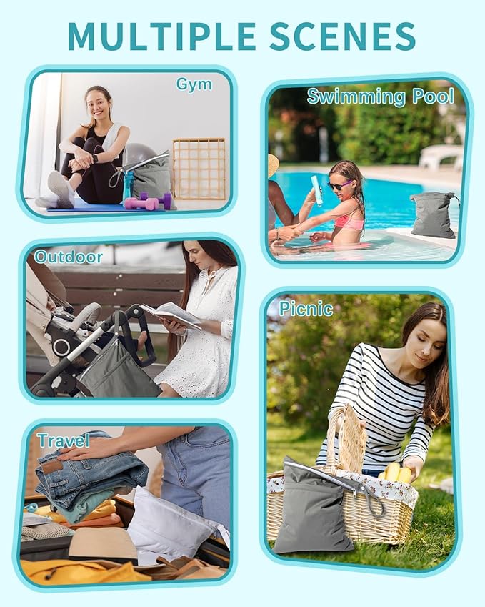 babygoal Wet Dry Bags 3 Pack, Waterproof Reusable Travel Bags for Swimsuits, Baby Cloth Diapers, Beach, Pool, Gym Bag & Wet Clothes with 2 Pockets L-BWG