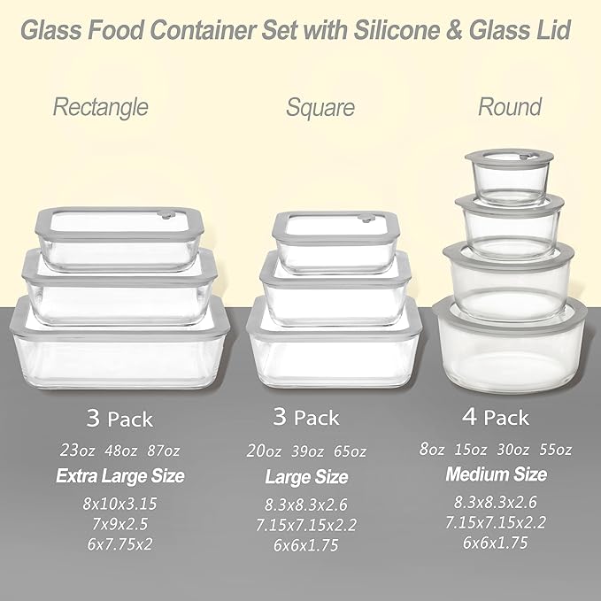 Glass Food Containers with Glass Lid, Microwave Safe Food Storage Container, Large 4 Pack Round Shape, Food Containers with Lids, Meal Prep containers with Leak Proof Lid.