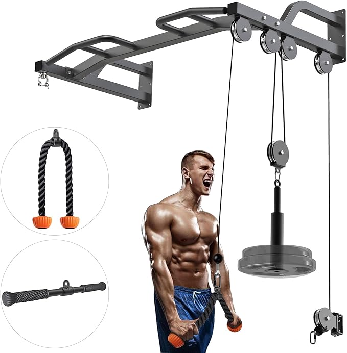 Kipika 48" Wall Mounted Multifunction Cable Pulley System Gym, 48" Wall Mounted Pull Up Bar, Cable Machine LAT Pulldown Attachments, DIY Home Gym Pulley Cable Machine Attachment System, Punching Bag Hanger