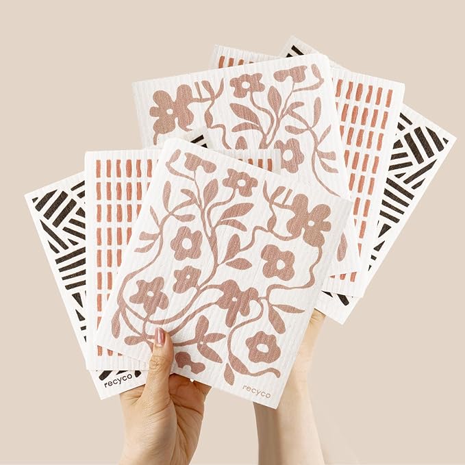 RECYCO Swedish Dishcloths for Kitchen | 6 Pack Floral Geo Washable Dish Rags | Cellulose Reusable Cleaning Paper Towels | Absorbent Counter Dish Cloth Sponge Kitchen Wipes, 8" L x 7" W