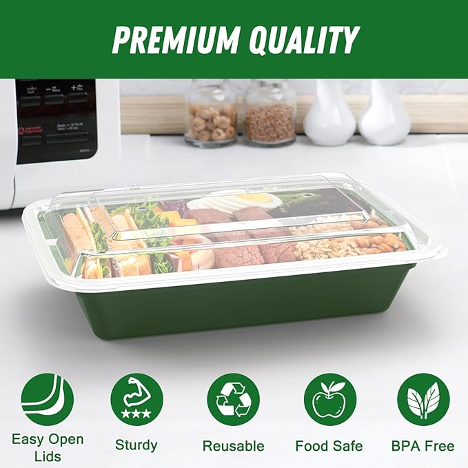 50 Pack (100-Piece) 32 oz Meal Prep Containers Reusable with Easy Open Lids, Sturdy Leakproof Food Safe, Microwave Freezer Dishwasher Safe, To Go Take Out Plastic Food Storage Pans with Lids, Green