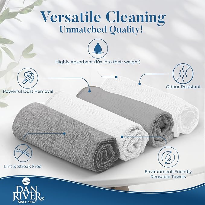 DAN RIVER 24-Pack Microfiber Towels โ Ultra Absorbent, lint Free Cloth & Streak-Free for Home, Car & Kitchen - Must-Have Cleaning Essentials - 12" x 12" - Gray White
