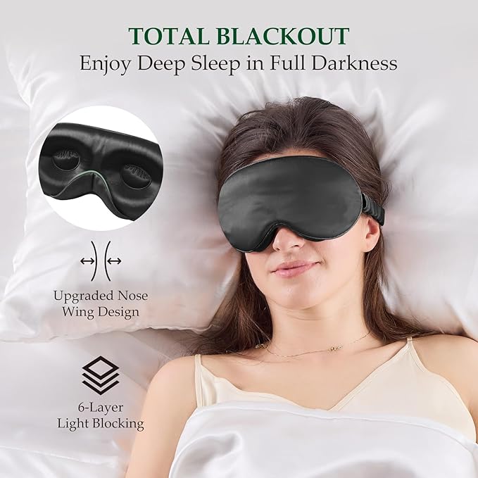 100% 22 Momme Mulberry Silk Sleep Mask with Adjustable Strap, 3D Contoured Cup Silk Eye Mask for Sleeping, Total Black Out, Black