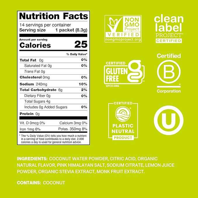 Cure Hydration | Plant-Based Electrolyte Drink Mix | No Added Sugar | FSA-HSA | Dehydration Relief Powder Made with Coconut Water | Non-GMO | Vegan | Pouch of 14 Packets - Lime