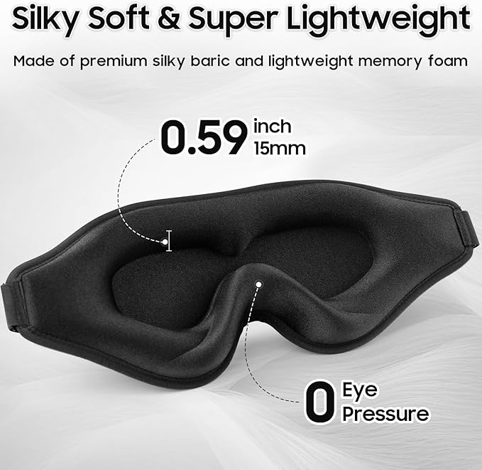Sleep Mask - Total Blackout 3D Sleeping Mask, Super Lightweight & Silky Soft Eye Mask for Sleeping, Fully Adjustable Fit for Home, Office, Traveling, Meditation, Yoga, Black