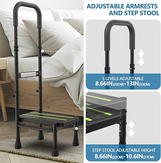 Step Stool with Handle for Elderly, Adjustable Handrail & Leg, Sensor Light, Medical Stepping Stools for High Bed Mobility & Daily Living Aids, Bedside Car Stair Lift for Senior Adults 450lbs