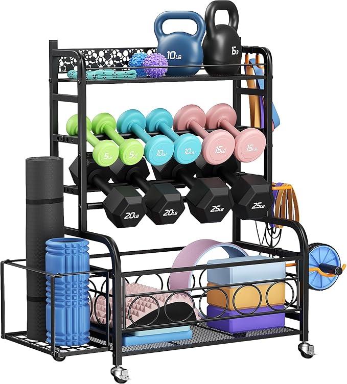 400LBS Dumbbell Rack, VOPEAK Adjustable Weight Rack for Home Gym, Home Gym Storage Rack for Yoga Mat Kettlebells and Strength Training Equipment, Weight Storage Rack for Dumbbells with Wheels
