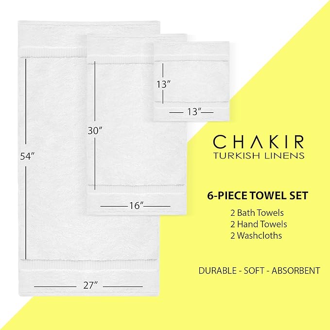 Chakir Turkish Linens Luxury Spa and Hotel Quality Premium Turkish Cotton 6-Piece Towel Set (2 x Bath Towels, 2 x Hand Towels, 2 x Washcloths)
