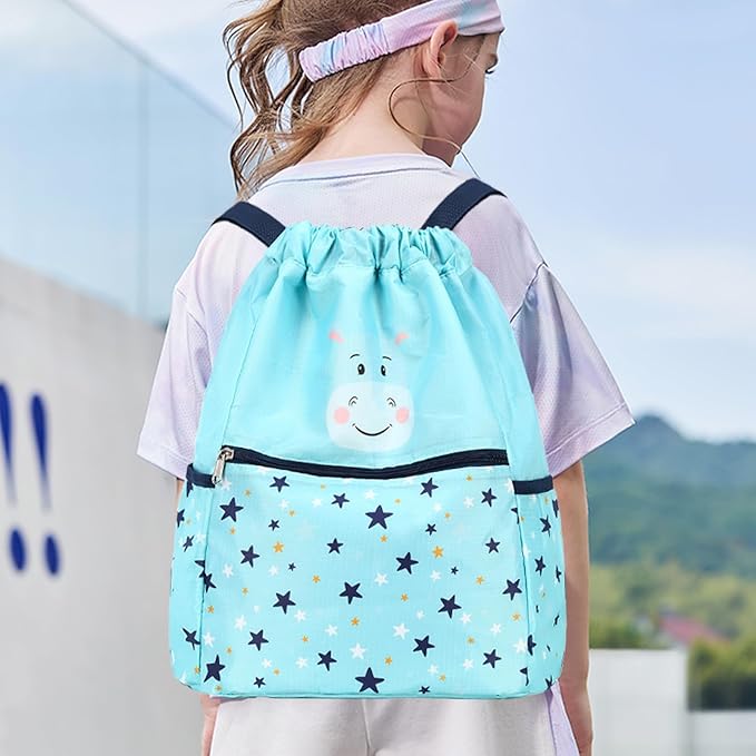 Drawstring Backpack Gym Backpack Sports Bag for Swim Women Men Workout Bag Draw String Back Sack for Soccer Beach Gear Letters Hippo Water Blue