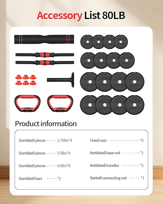 Adjustable Dumbbells,20/30/40/60/80lbs Free Weight Set with Connector, 4 in1 Dumbbells Set Used as Barbell/Kettlebells/Push up Stand, Fitness Workout Equipment for Home Gym for Youth,Women/Men