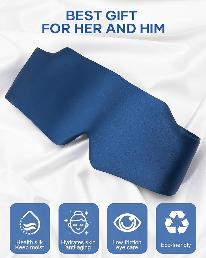 Silk Sleep Mask, Large Size Eye Mask Face Hugging Padded Sleep Blindfold Silk Eye Cover with Adjustable Band for Total Blackout for All Night Sleep (Navy Blue)