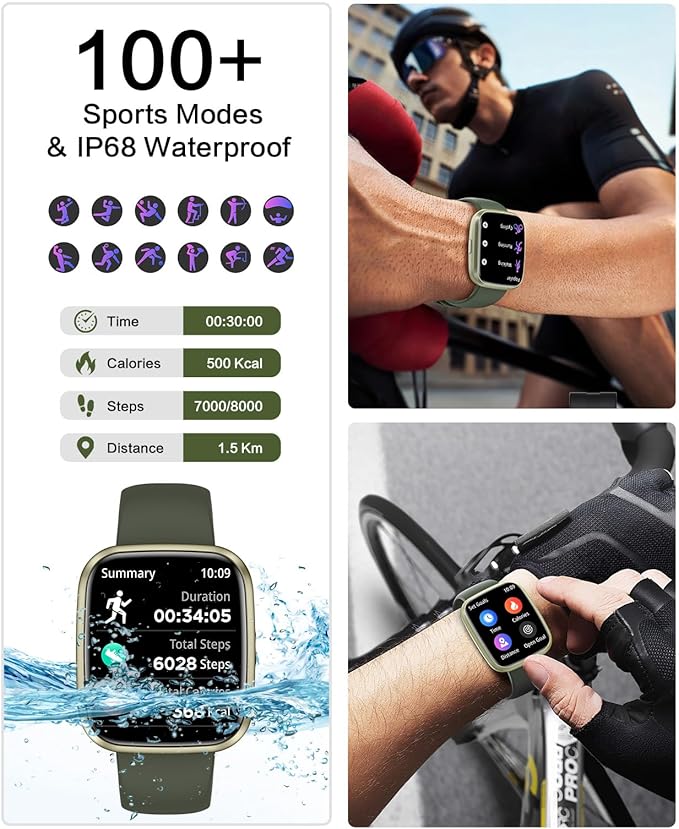 Smart Watches for Men/Women, 1.75" Bluetooth Call, AI Voice Smartwatch, 24/7 Heart Rate Monitor, Blood Pressure/SpO2/Sleep Tracker, IP68 Waterproof, 100+ Sports Fitness Tracker for Android iOS Green