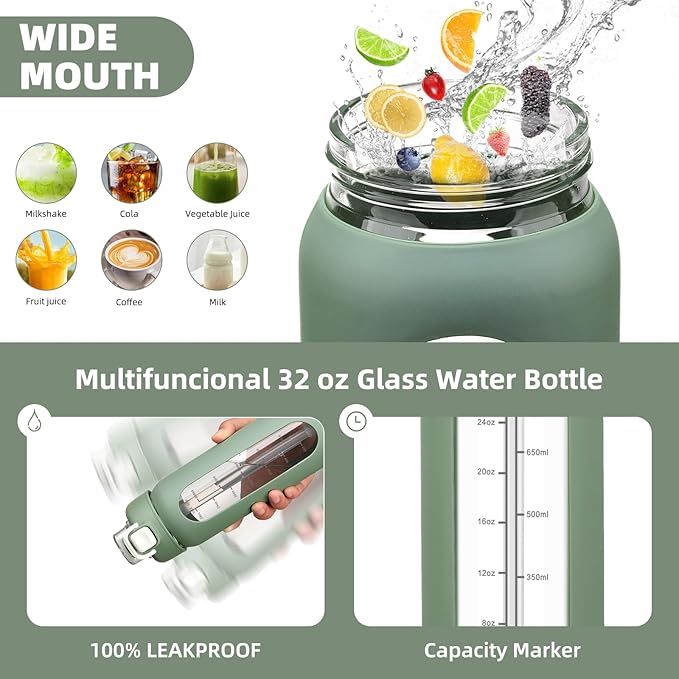 32 oz Glass Water Bolttles with Straw Large Motivational Water Bottle with Time Marker Sports Water Bottles with Silicone Sleeve and Handle Lid Water Jug for Gym Workout