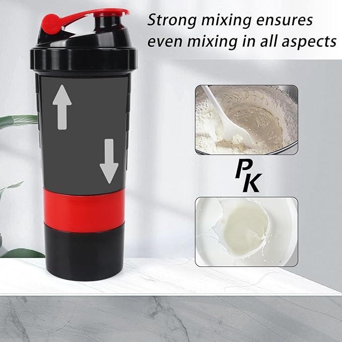 Shaker Bottle,16oz Protein Shaker Bottles with Mixing Ball, 3 in 1 Leak-proof GYM Shake Cup with Powder Storage & Pill Tray, Ideal for Workout,BPA Free(Red)