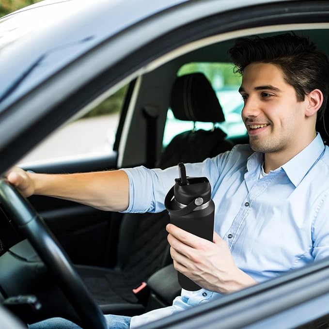 HYDROWION 40 oz Insulated Water Bottle with Straw fit in Car Cup Holder(Cold 48 hrs, Hot 24 hrs) Drinking Bottle with Straw Lid, Spout Lid and Flex Cap Leakproof Travel Thermo Mug,Red