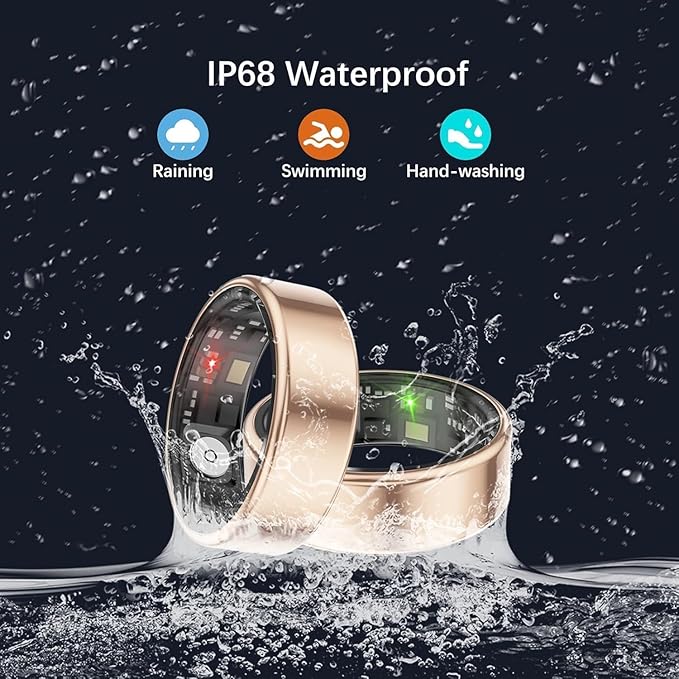 Smart Rings for Women Men, Fitness Ring with Heart Rate, Blood Oxygen, HRV, Pressure, Sleep Tracker, Step Tracker, No Subscription Fee, IP68 Waterproof Smart Ring for iPhone & Android (Gold, 8#)