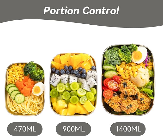 Lille Home Leak Proof Salad Container Stainless for Lunch - Snack Containers Steel - Ideal for Educational Settings & Daycare - Nesting Trio with Silicone Lids - 47oz+30oz+16oz - Grey