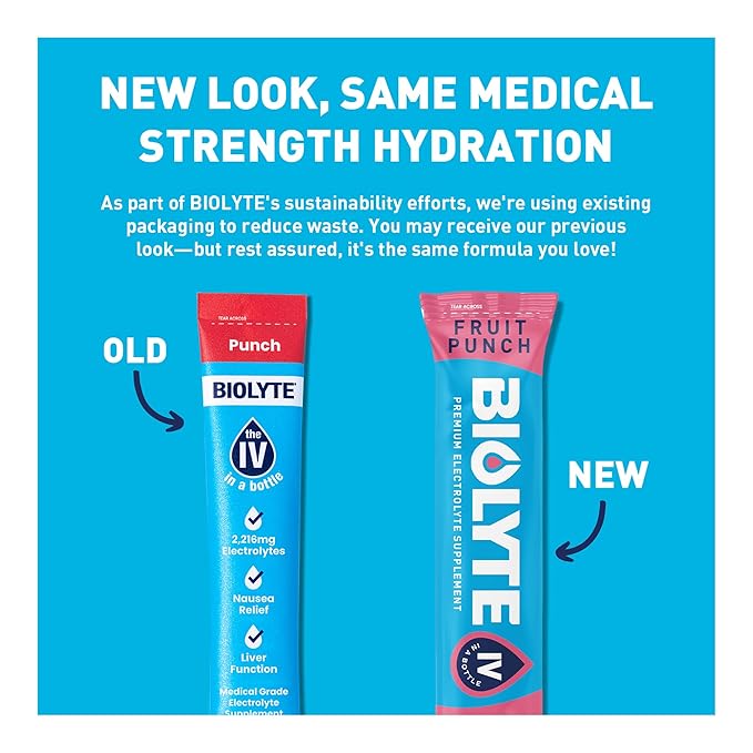 BIOLYTE IV Electrolyte Powder Packets, IV Liquid Drink Mix for Water, Doctor-Developed Hydration, HSA & FSA Approved Dehydration Relief, Chemotherapy Must Haves for Women, Men- Fruit Punch (16 Sticks)