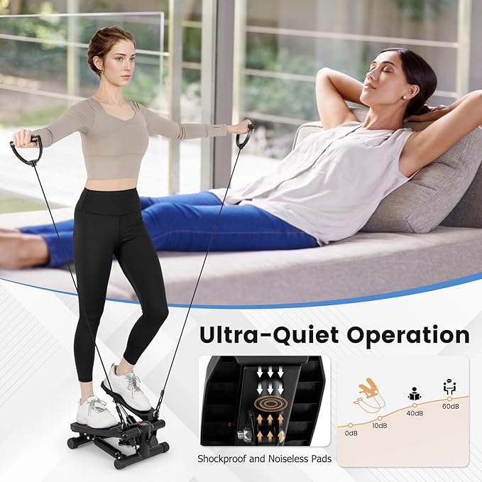 GYMAX Steppers for Exercise at Home, Hydraulic Mini Stair Stepper with Resistance Bands & LCD Monitor, Portable Under Desk Cardio Equipment Step Machine for Home Gym
