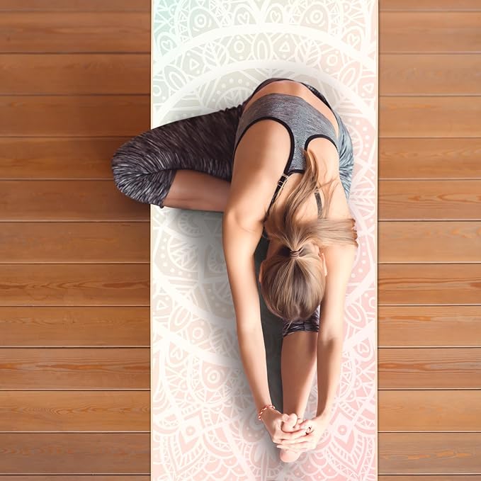 Colorful Star Large Yoga Towel with Corner Pockets, Non Slip Grip Dots Sweat Absorbent Hot Yoga Mat Towels, Yoga Blankets with Travel Bag, Mat Cover for Workout, Gym, Fitness - 74"x26", Pink Mandala