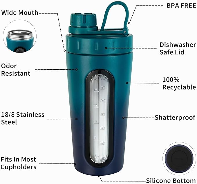 TOOFEEL Stainless Steel Shaker - 28 oz Metal Protein Shaker Cup with Whisk Ball, Not Cold/Hot, Window, Gym Workout Leakproof