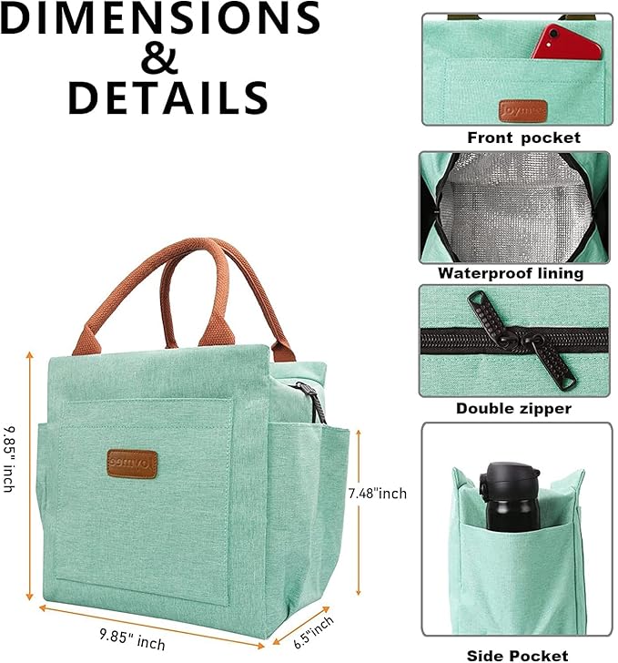 Joymee Lunch Bag Women Insulated Lunch Box Reusable Leakproof Large Spacious Tote for Women Men Adult with Bottle Holder and Side Pockets for Work Picnic Travel - Heather Teal