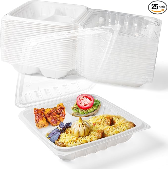 YANGRUI Plastic Containers 8" 34 oz 25 Pack - Reusable Fog Free Crystal Lid Technology | BPA Free PP Freezer & Microwave Safe Shrink-Sealed Takeout Box | White Restaurant 3 Compartment Food Container