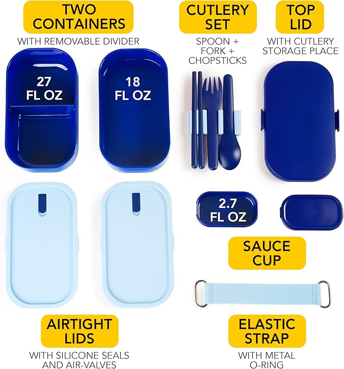 Insulated Stackable Bento Box for Adults with Reusable Chopsticks Japanese Lunch Box Microwavable & Leak Proof Lunch Containers for Men & Women Modern Cute Food Container with Compartments (Blue)