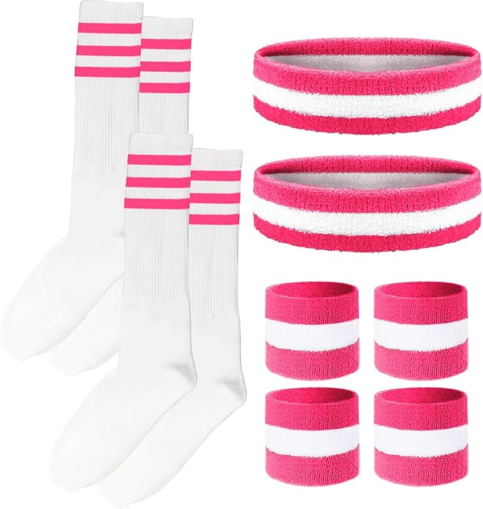 10 Pieces Striped Sweatbands and Striped Socks Set Headbands Wrist Sweat Bands for Men and Women Sports 80s 90s Fitness