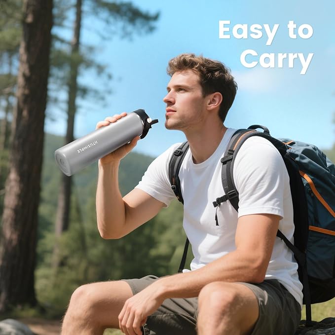 24oz Insulated Travel Water Bottle - Stainless Steel, Leakproof - Keep Hot for 12hrs & Cold for 30hrs - for Outdoors, Sports, Bike, Gym, Marathon - Gift for Women, Men (Gray)