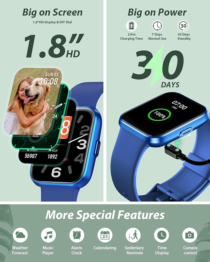 Smart Watch for Men Women(Call Receive/Dial), Alexa Built-in, 1.8" Touch Screen Fitness Tracker with Heart Rate Sleep Tracking, 100 Sports Modes, IP68 Waterproof Smartwatch for Android iPhone