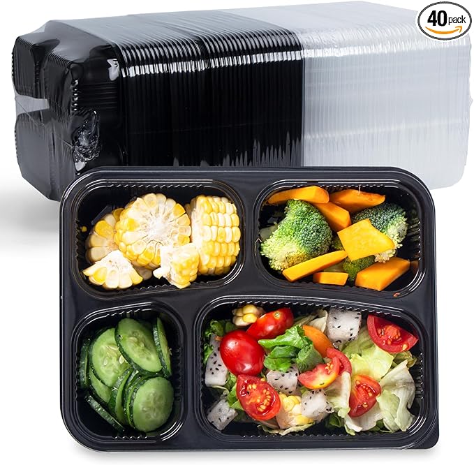YANGRUI Meal Prep Container with Lid 40 Pack 34 oz - Reusable 4 Compartment Quad Seal Leak Defense Food Containers | BPA Free Flexible PP Plastic | Shrink Wrap Microwave & Dishwasher Safe Takeout Box
