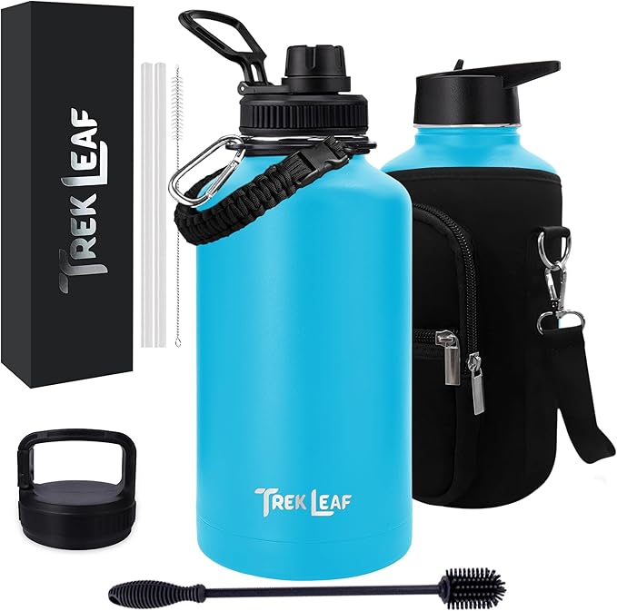 Travel Water Bottle with Carrying Bag, 3 Lids (Spout, Straw, Handle), and Bottle Brush; Leak Proof, Quality, Vacuum Insulated, Stainless Steel (Ocean Blue, 64 oz)
