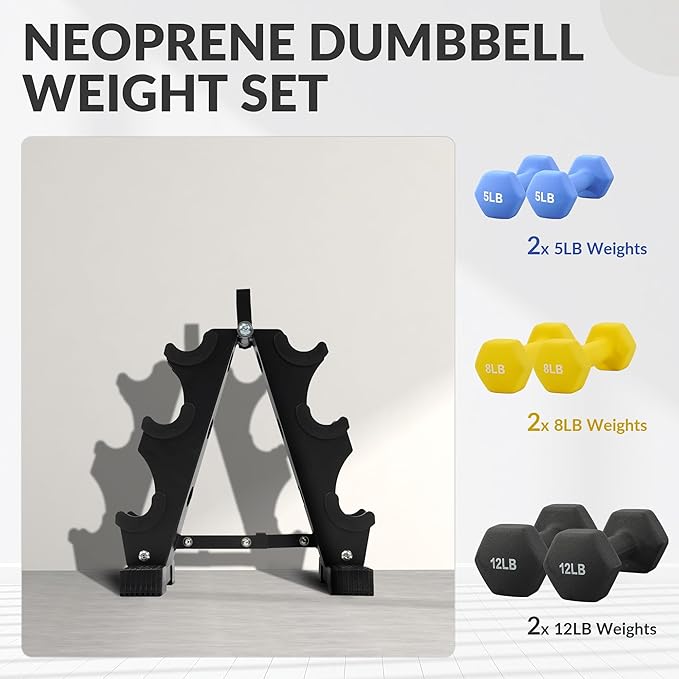 Neoprene Dumbbell Set for Women 2-5 lb | 3 Pairs Hand Weights Set with Rack, Hex Anti-Roll, Color-Coded Home Gym Gifts