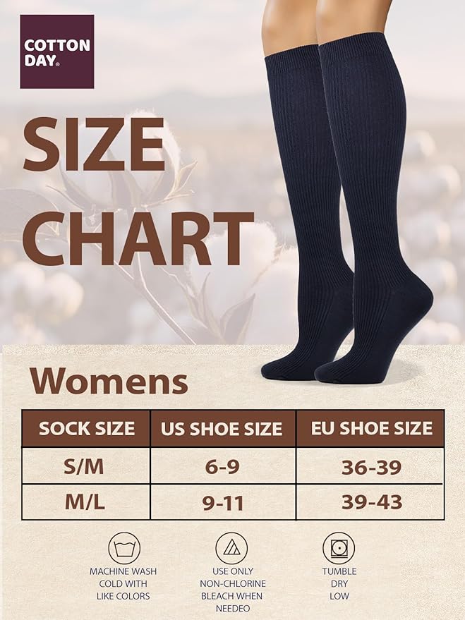 COTTON DAY Women's Soft Combed Cotton Knee High Long Calf Dress Socks Seamless Toe Black White Gray Navy Blue Brown