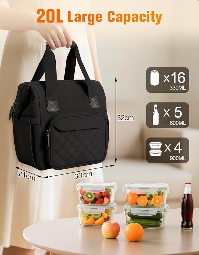 Lunch Box for Women & Men, 20L Large Insulated Lunch Bag with Wide Opening, Leak-Proof & Multi-Pocket Cooler Bag, Adjustable Strap Lunch Tote Bags for Work, Office, Picnic and Camping