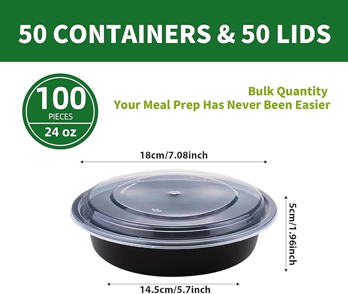 Round Meal Prep Containers with Lids, 50 Pack 24oz (100-Piece) Disposable Leakproof Take Out Food Storage Containers, Plastic To Go Lunch Boxes, BPA Free, Microwave/Dishwasher/Freezer Safe