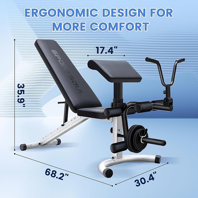 SPORTSOUL Adjustable Weight Bench Professional Utility Heavy Duty Workout Bench Incline Decline Flat Multi-Purpose Bench Press