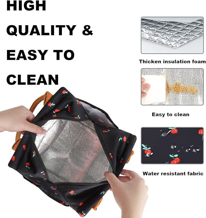 Joymee Lunch Bag Women Insulated Lunch Box Reusable Leakproof Large Spacious Cooler Tote for Women Men Adult with Bottle Holder and Side Pockets for Work Office Travel Picnic - Cherry