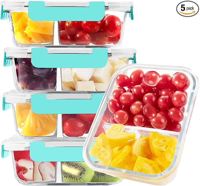 BAYZZ 5 Pack 35 Oz Glass Meal Prep Containers 2 Compartments, Glass Storage Containers with Lids, Airtight Lunch Bento Boxes, BPA-Free, Microwave and Freezer Safe,Green