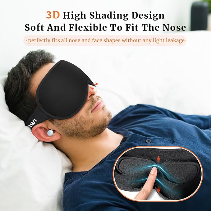 Sleep Eye Mask 3D Contoured Cup Soft and Gentle, Breathable, Comfortable for Side Sleeping, Travellers, Yoga, Men, Women, Adjustable, with Silicone Ear Plugs for Sleeping Noise Reductions