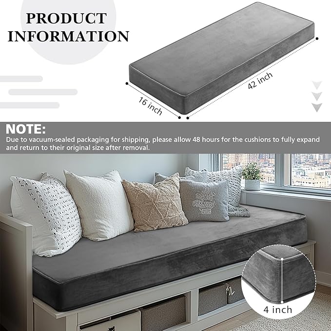 Wenqik Bench Cushions 42x16x4 Inch Window Seat Cushions for Indoor Furniture Velvet Kitchen Dining Bay Seat Tufted Porch Swing Thicken Bench Pad Memory Foam(Gray)